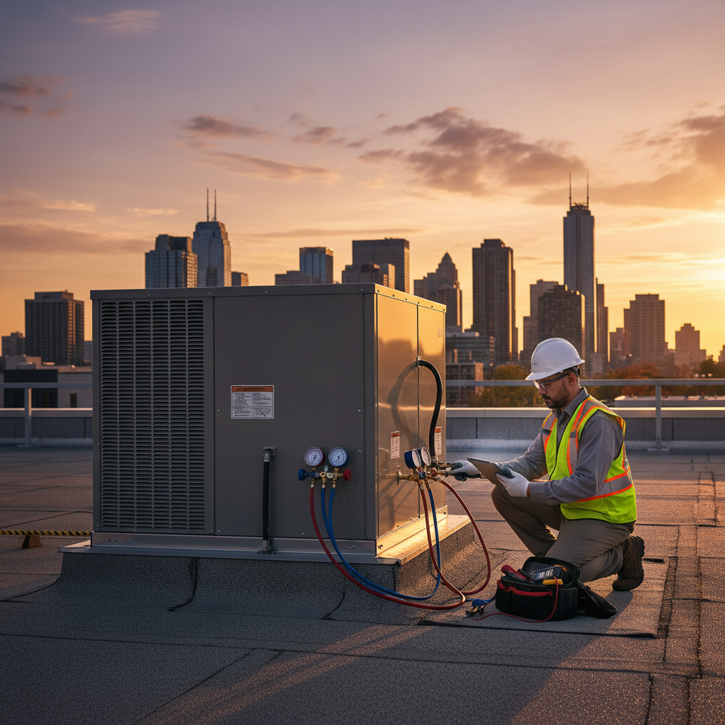 Inspector reviewing a rooftop commercial HVAC unit with gauges connected and tablet in hand during a professional inspection