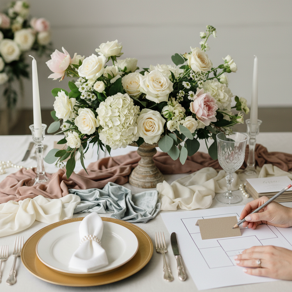 Close-up of elegant wedding tablescape planning details showing floral centerpiece and planner hands, illustrating wedding planner cost drivers like design and logistics