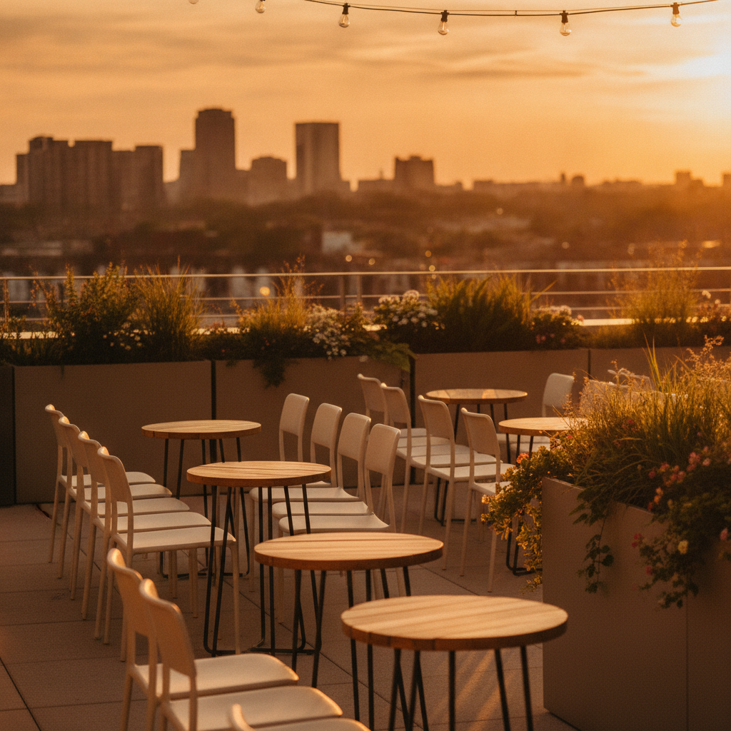 Outdoor patio configured for seminar breakout at Mississauga venue with rows of chairs, cocktail tables, greenery, and warm golden-hour lighting