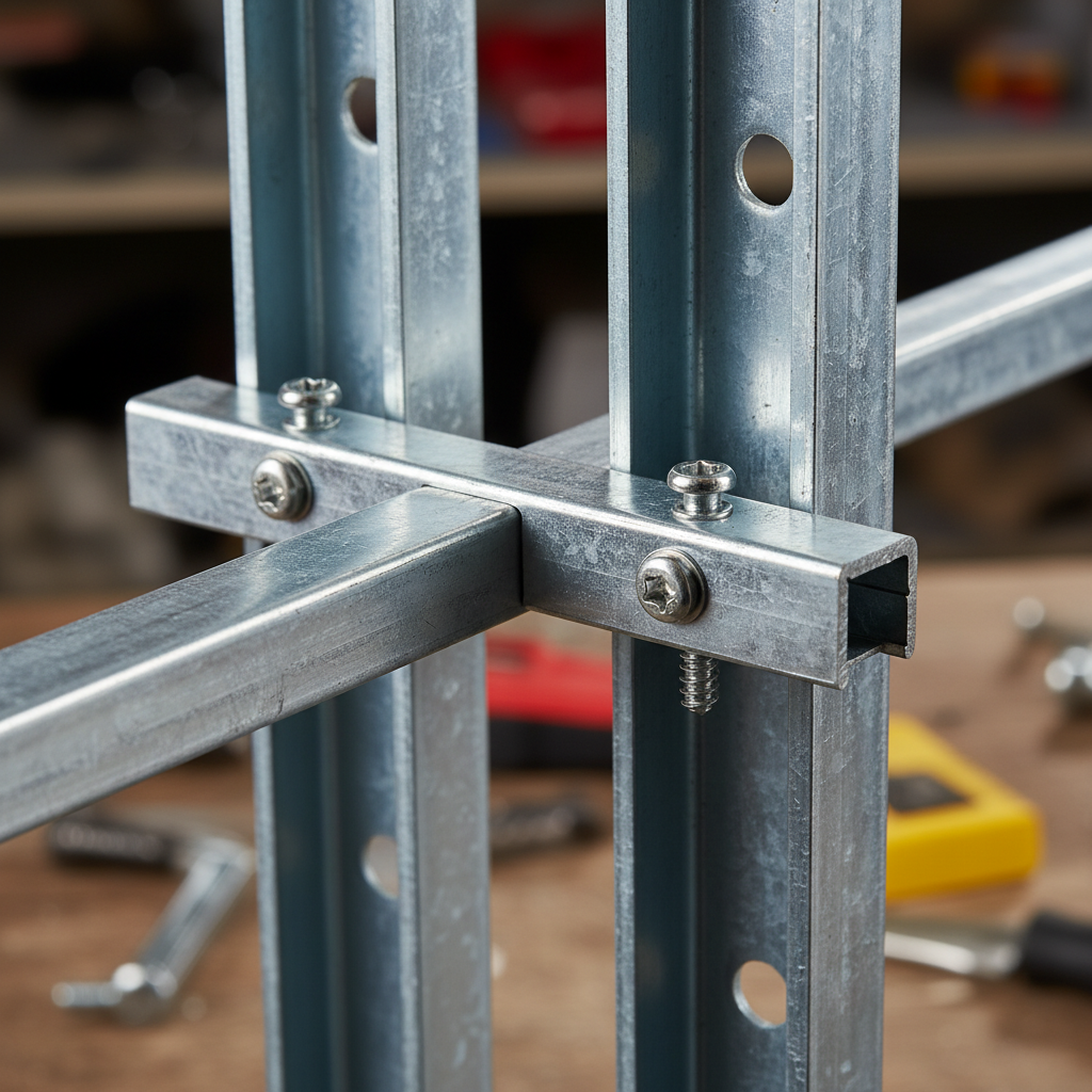 Close-up of galvanized steel furring channel hat profile fastened to steel studs for drywall alignment