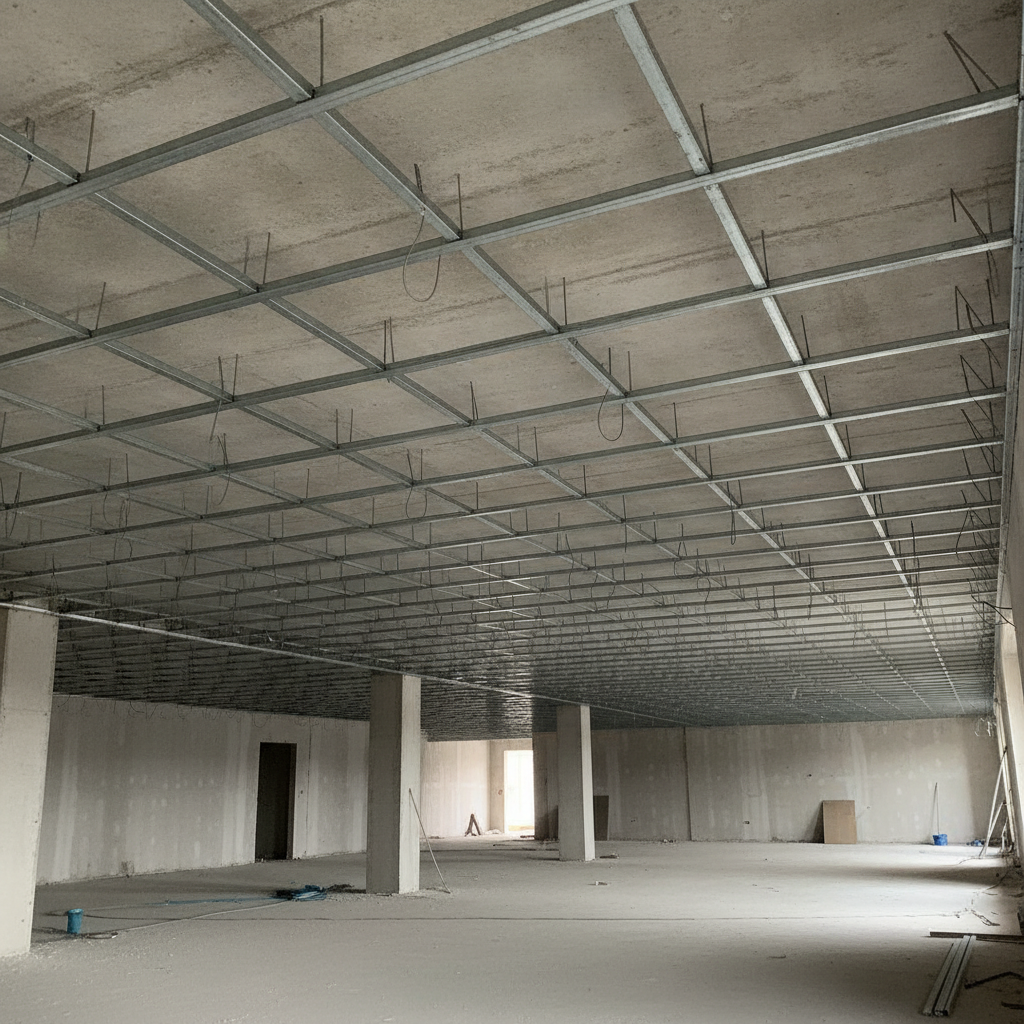 Suspended ceiling grid with carrying channel and hanger wire supporting rows of furring channels