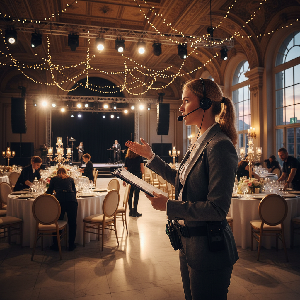 Coordinator directing reception setup in a grand hall, illustrating planning operations that influence wedding planner cost such as staging and vendor cueing