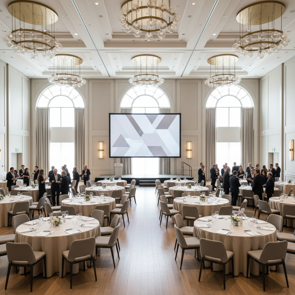 Seminar venue rental setup in elegant ballroom with stage, round tables, and chandeliers at a modern Mississauga conference center
