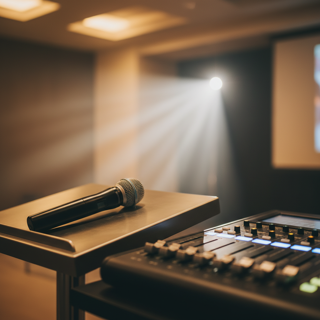Close-up of professional seminar AV: wireless microphone on podium, mixer console, and projector beam for conference-ready reliability