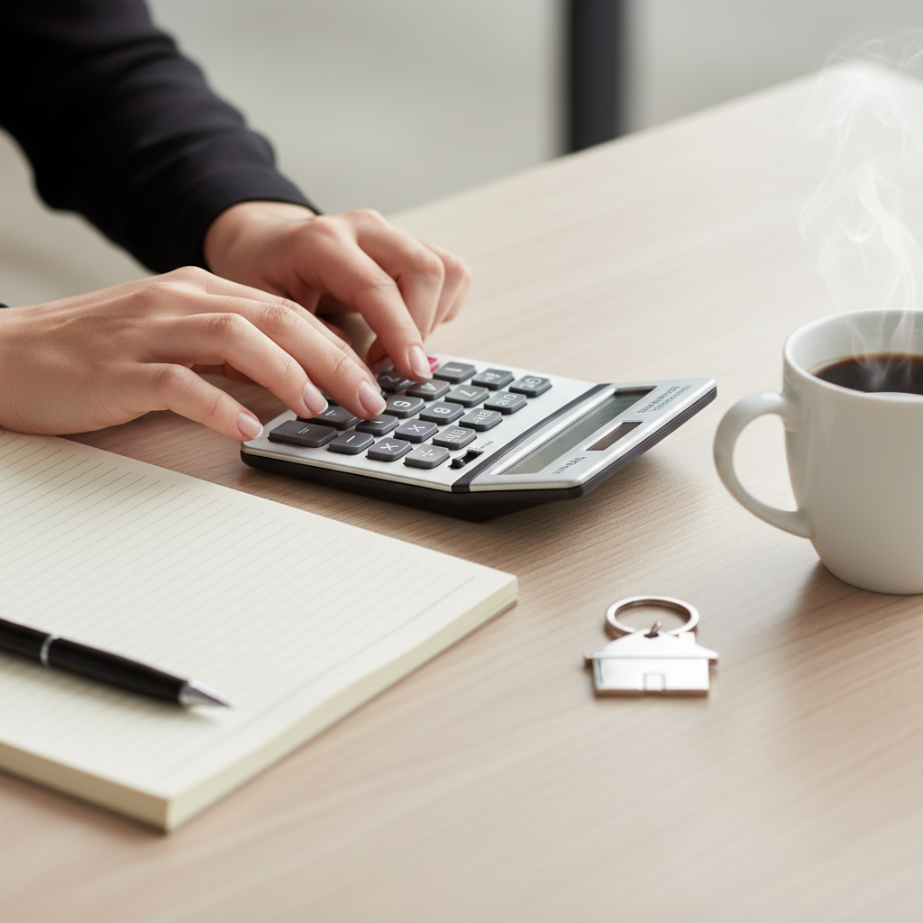 Close-up of calculator and notebook illustrating home mortgage loan requirements and borrowing power checks