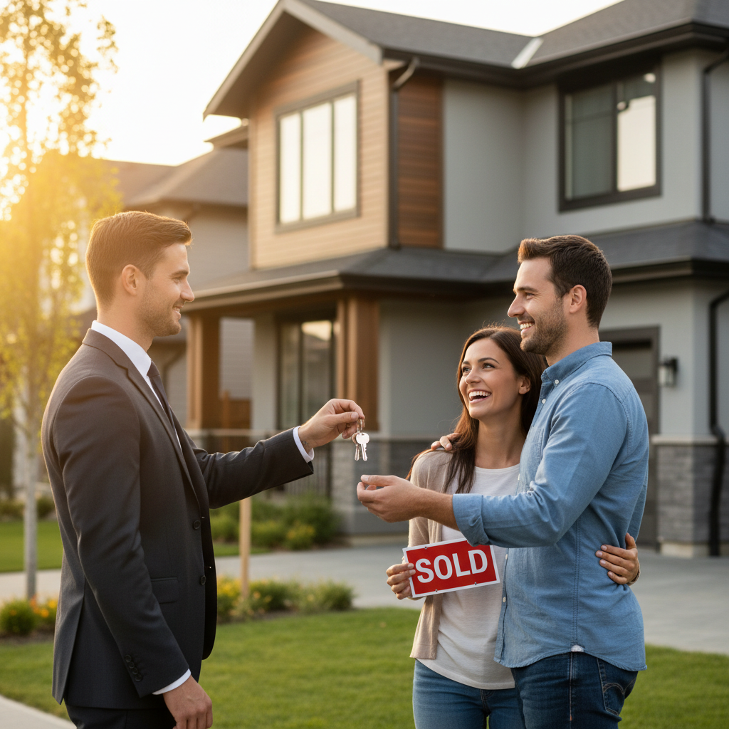 Mortgage broker handing keys to homeowners after meeting home mortgage loan requirements and settlement