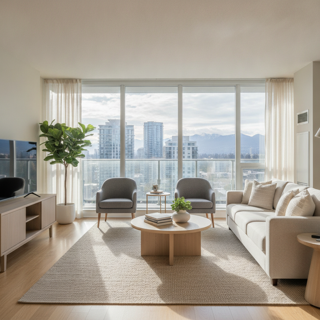 Modern furnished condo living room staged for property rentals in the GTA, bright windows and balcony view