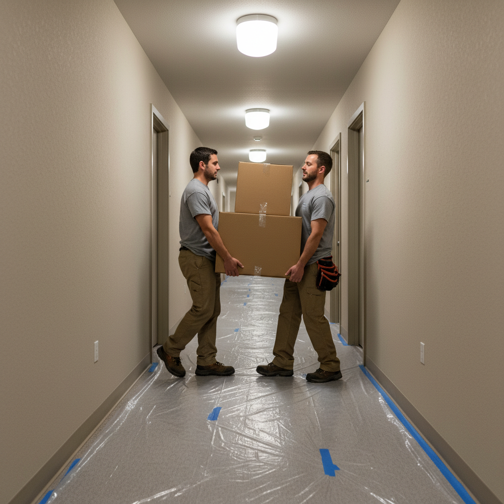 Installers transporting flat-packed apartment kitchen cabinets along a protected corridor during a multi-unit replacement rollout