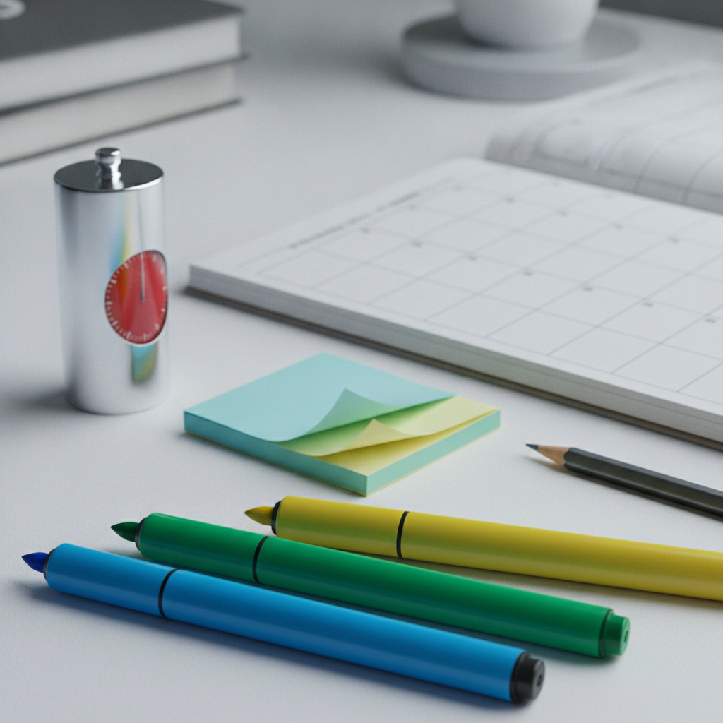 Close-up of a CAPM study plan toolkit with color-coded highlights, timer, and weekly grid for working professionals