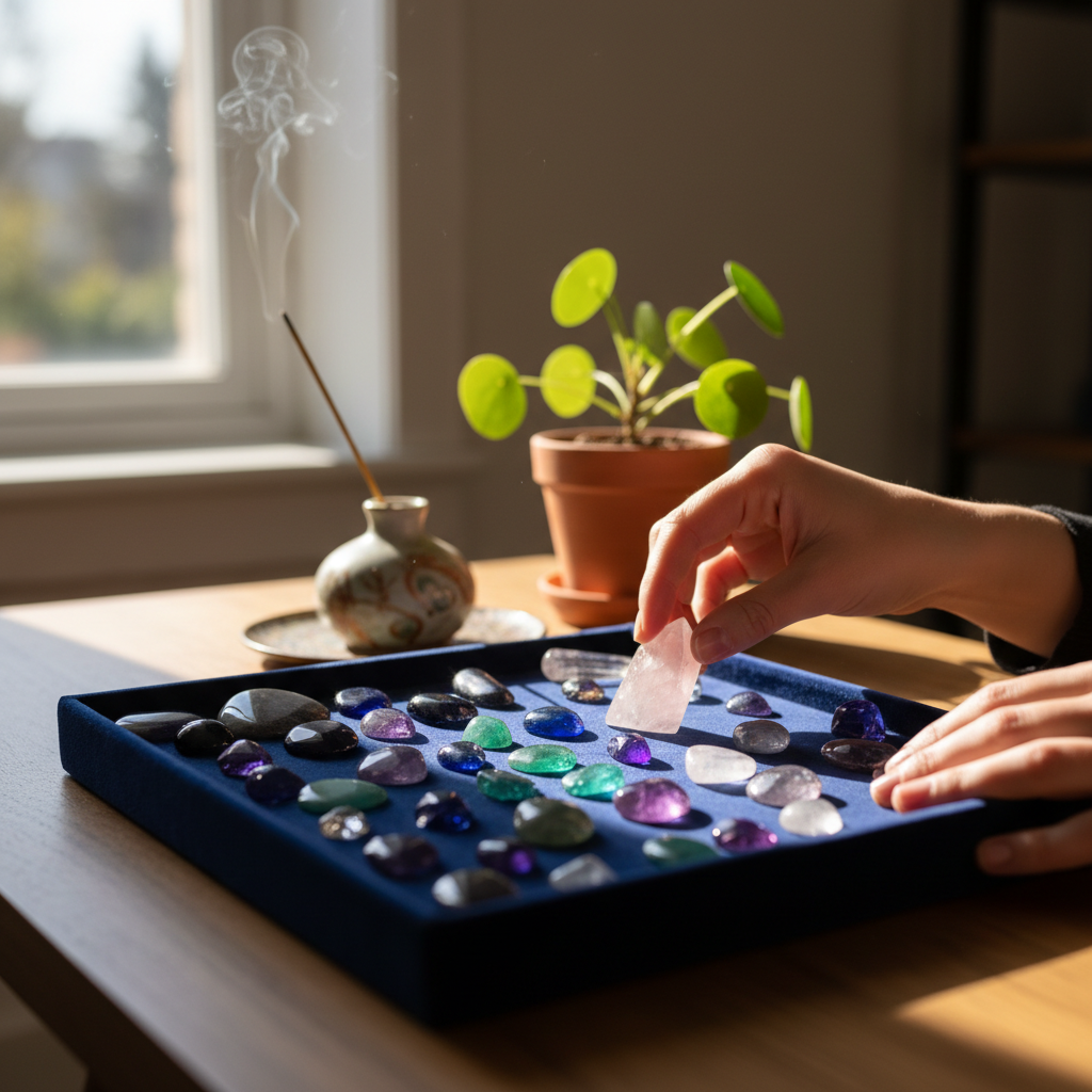 Client selecting a lucky gemstone from a velvet tray during an astrology consultation