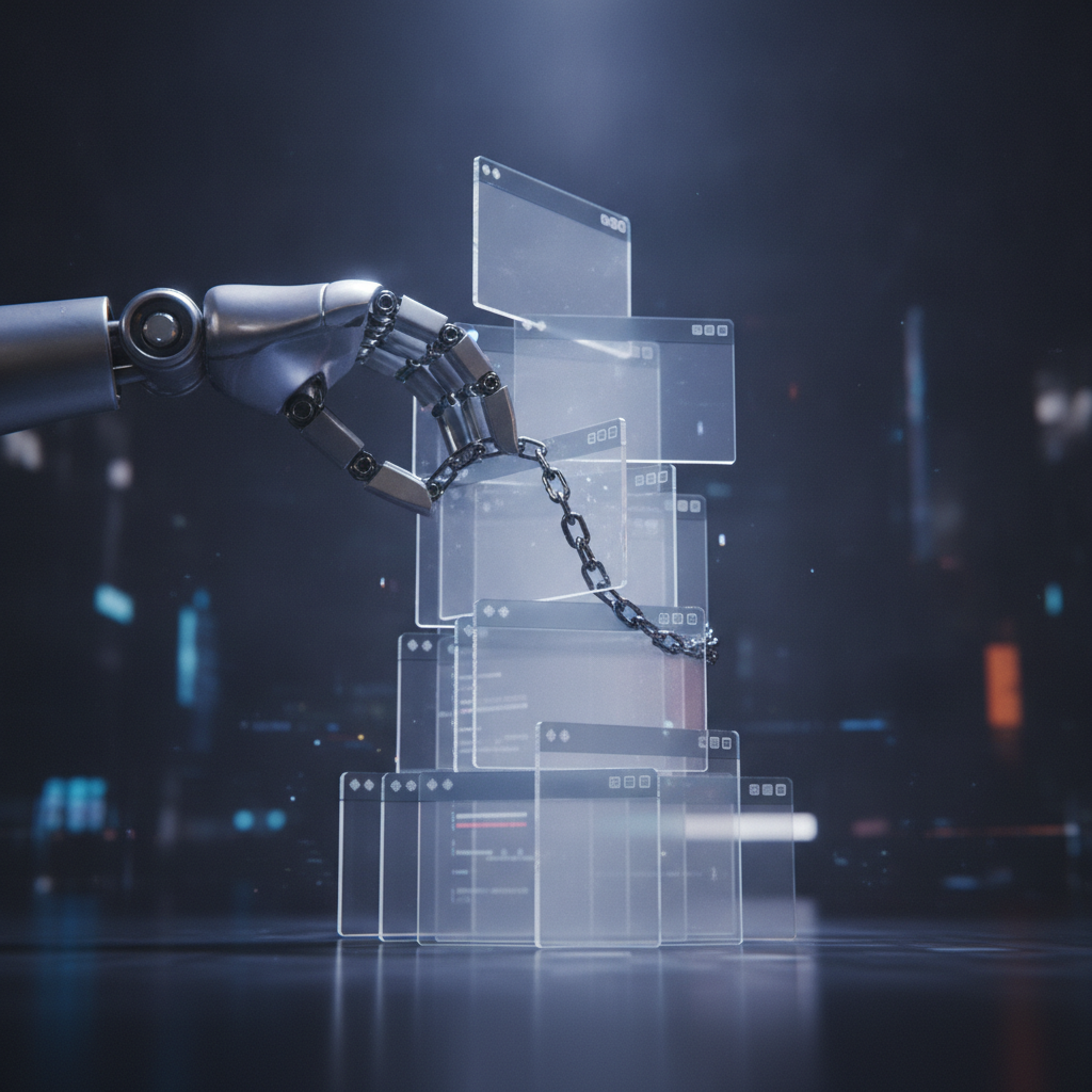 Concept scene of automation: robotic arm linking browser windows, representing automated backlink building for UpliftAI users