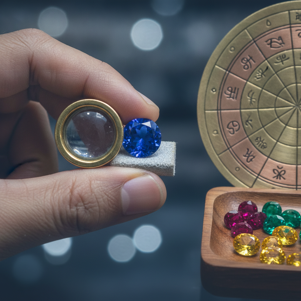 Close-up of sapphire inspection beside Vedic birth chart for lucky gemstone selection
