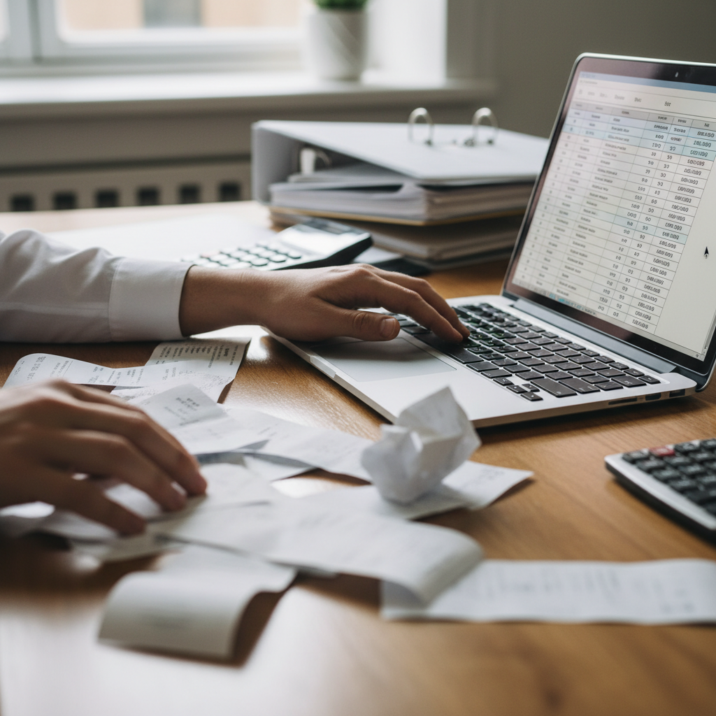 Close-up of hands organizing receipts during income tax preparation with cloud accounting software