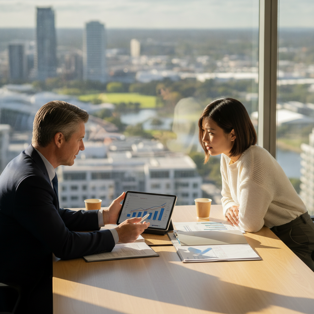 Accountant and small business owner reviewing income tax preparation documents in a Parramatta office