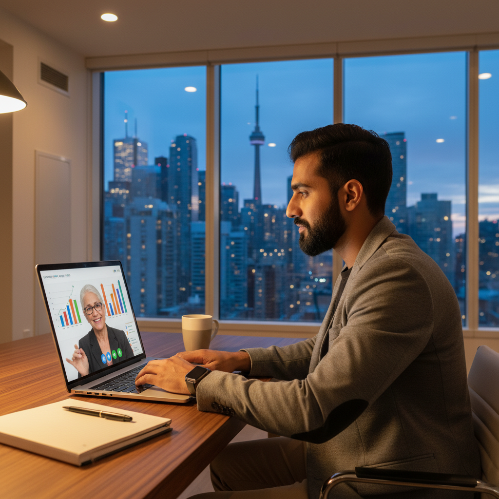 Toronto founder on a video call reviewing US LLC versus Canadian corporation options with an advisor