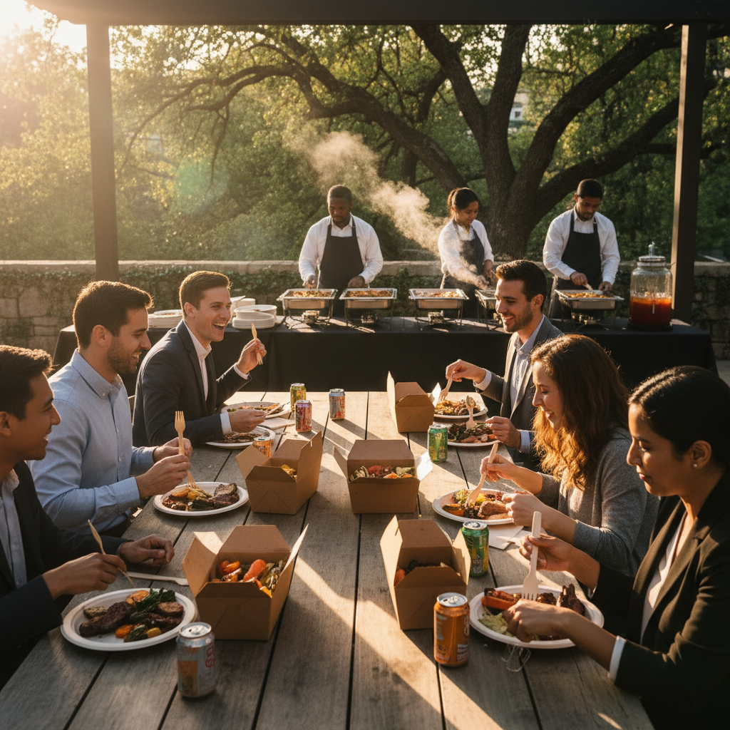Outdoor corporate team enjoying BBQ-style boxed lunches on a shaded patio in Toronto