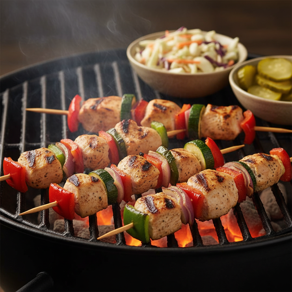 Close-up of grilled chicken and vegetable kebabs on charcoal grill for backyard BBQ catering