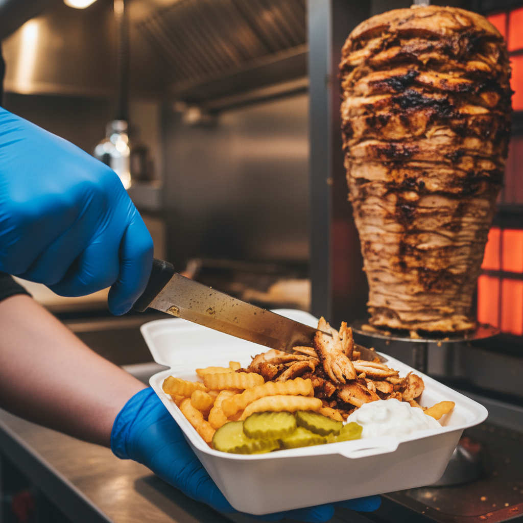 Close-up of chicken shawarma being sliced and packed for pickup in Old Toronto with garlic sauce, fries, and pickles