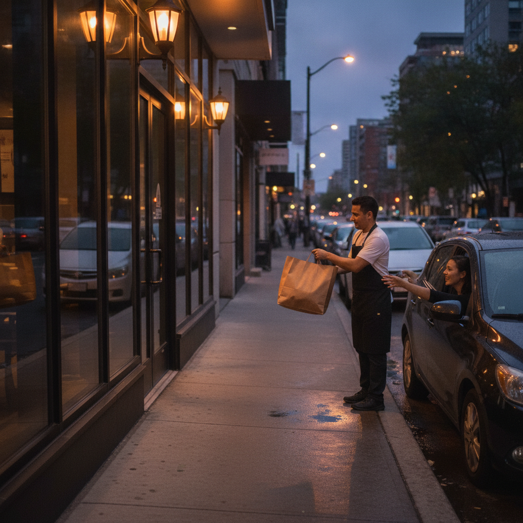 Curbside pickup at dusk in Old Toronto with a takeout bag handoff outside a College Street restaurant