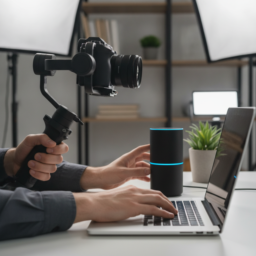 Close-up of gimbal camera rig filming corporate b-roll for social-ready vertical video