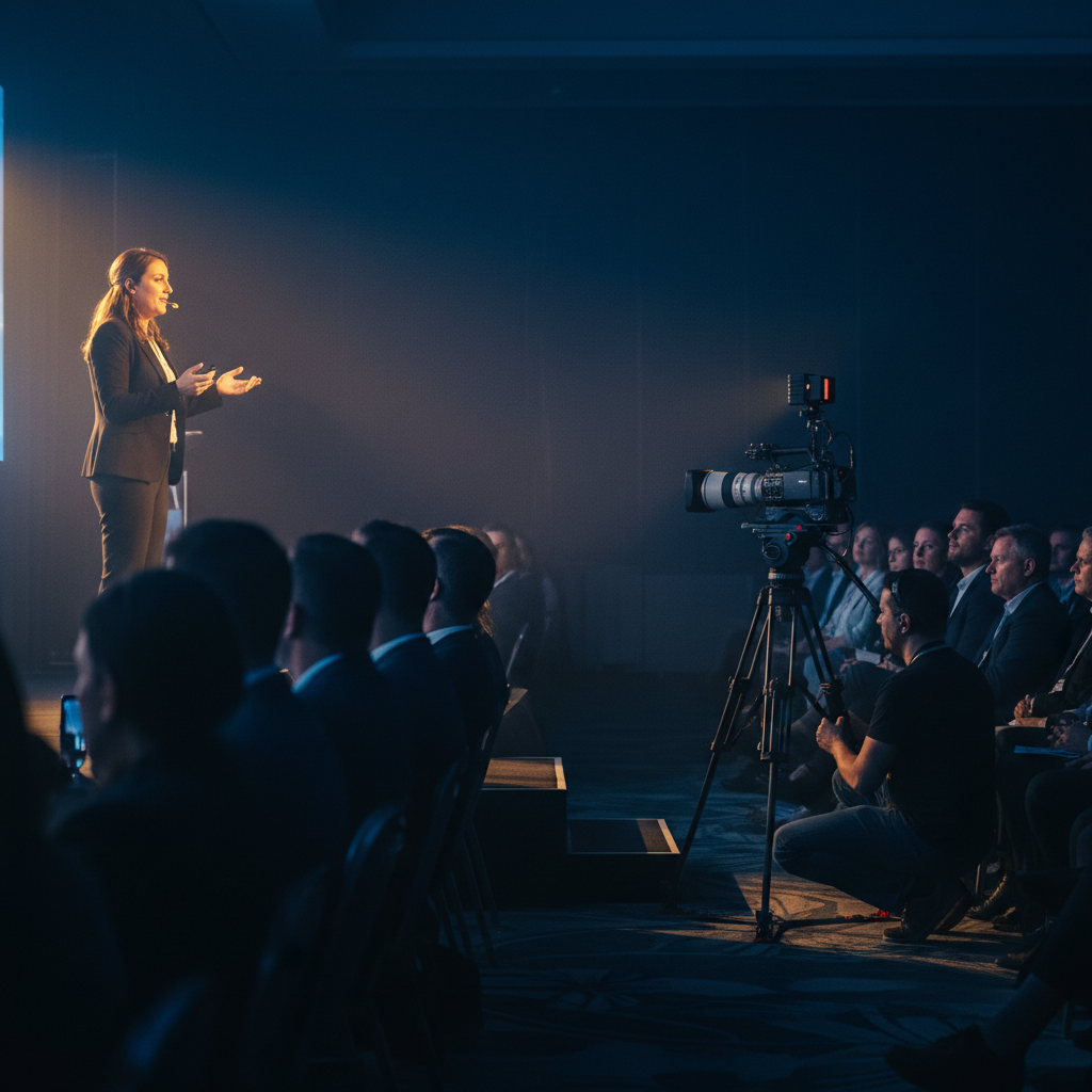 Corporate keynote filmed with cinema camera and tripod capturing stage presentation for event highlight video