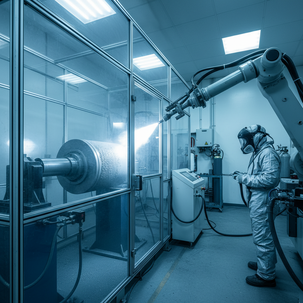 Pulsed HVOF thermal spray applying a dense cermet coating to a rotating cylindrical part inside a safety enclosure