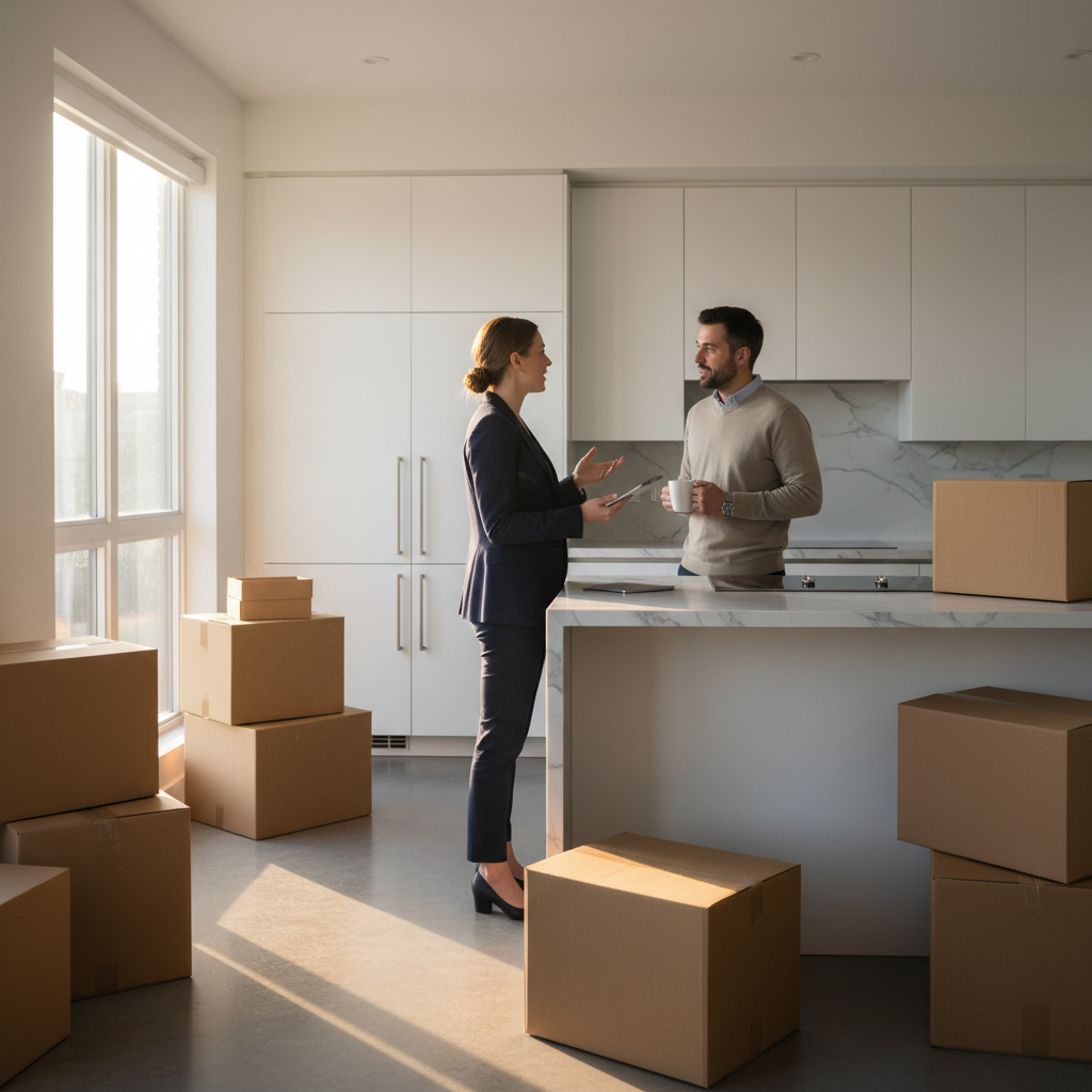 Agent and homeowner planning a move in a modern North York kitchen with boxes
