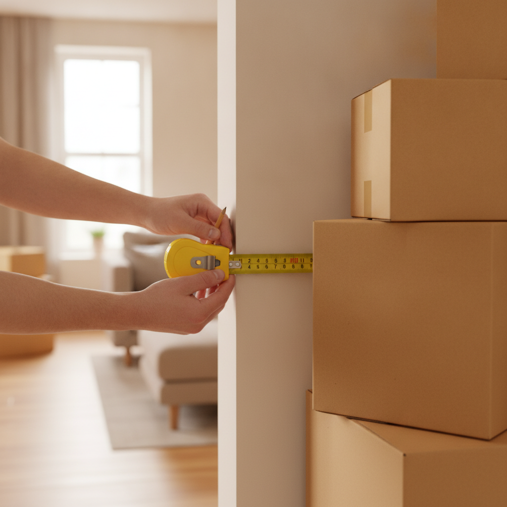 Close-up of measuring a wall next to moving boxes for North York home valuation prep