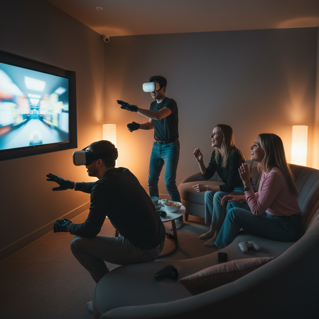 Group tackling a VR escape room at The Next Level with spectators relaxing in the private party room watching shared gameplay