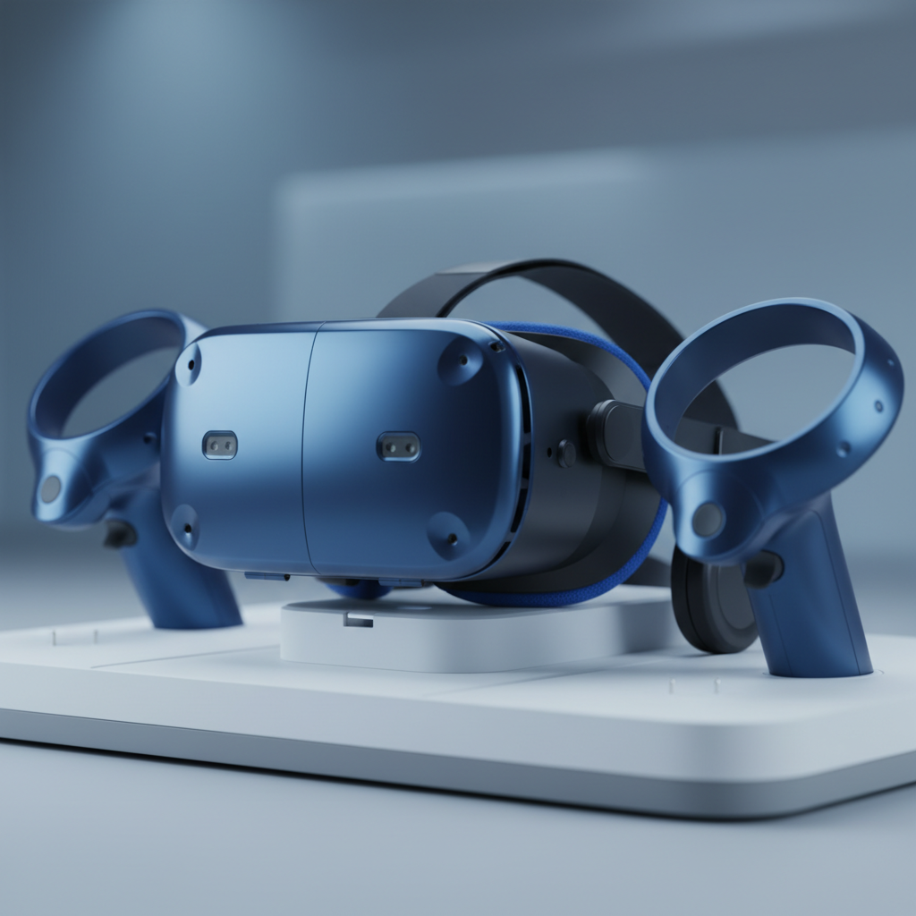 Close-up of HTC Vive Pro headset and motion controllers used for room-scale immersive VR experience at The Next Level