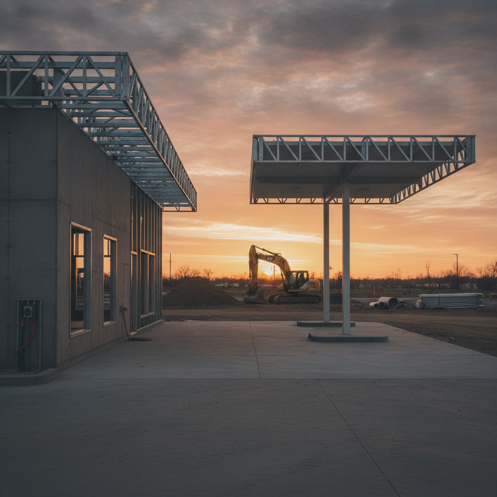 Convenience store and gas canopy under construction in Texas, illustrating site acquisition moving into build phase
