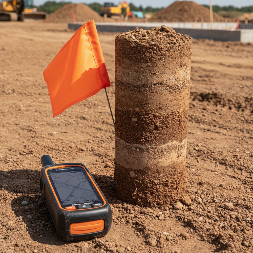 Close-up soil core sample and GPS device used during site acquisition due diligence in Texas