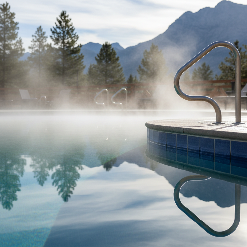 Close-up detail of a heated outdoor pool edge with steam rising on a cool North Conway morning, illustrating Briarcliff Motel’s heated outdoor pool alternative to a private pool hotel