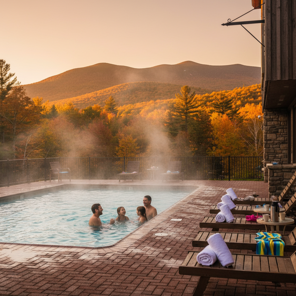 Family enjoying an outdoor heated motel pool with fall foliage and mountain views in North Conway, illustrating an inviting alternative to a private pool hotel