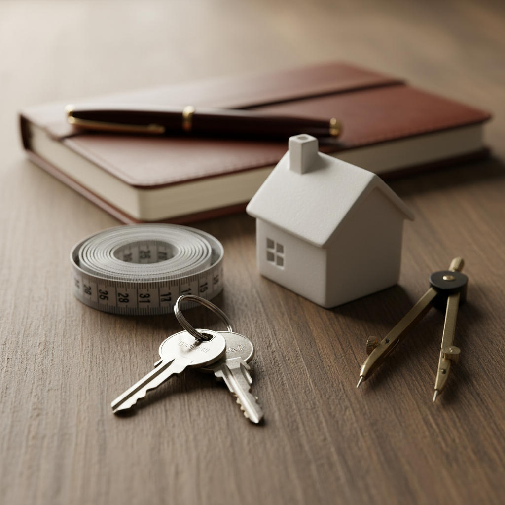 Home search preparation tools: keys, model house, measuring tape and notebook arranged for a Brampton buyer