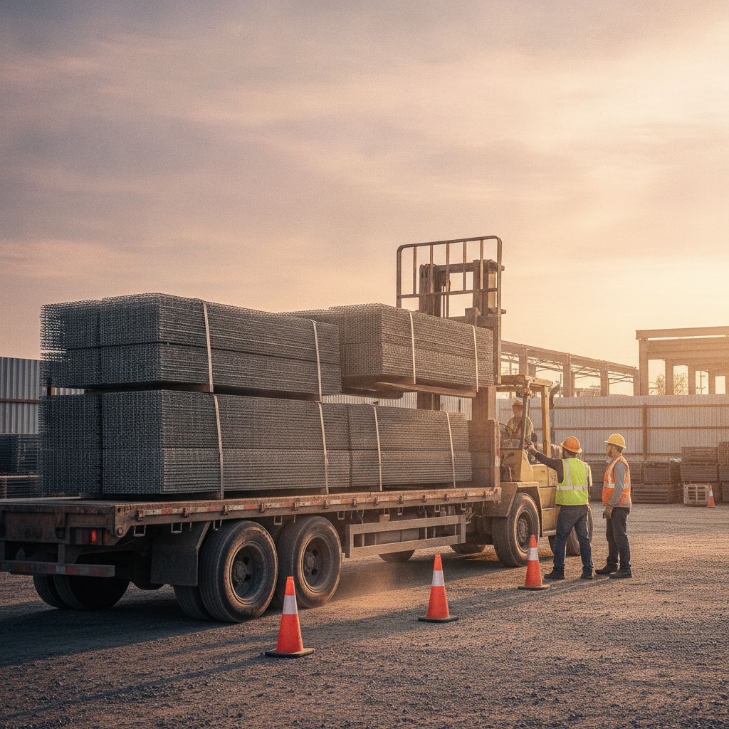 Bundled welded wire mesh panels on a flatbed truck being unloaded at an industrial yard