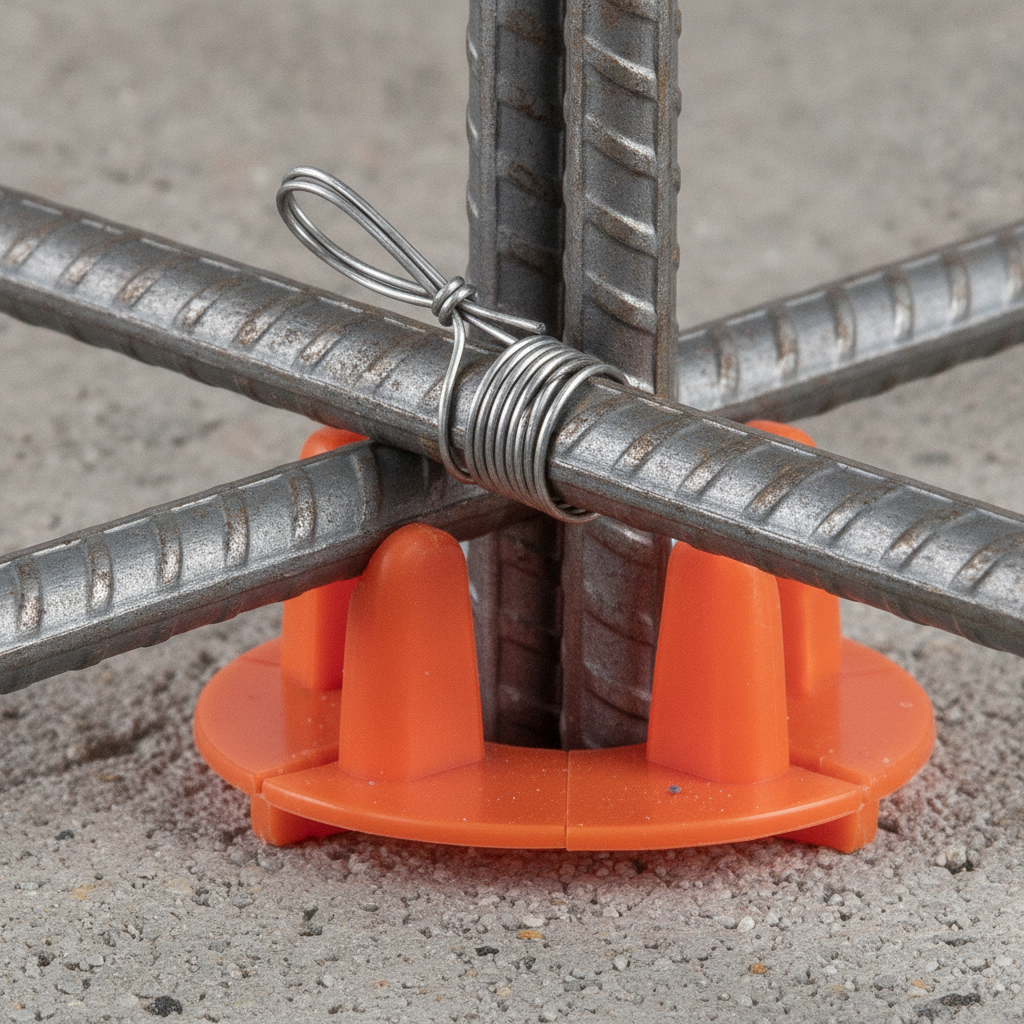 Close-up of 6x6 welded steel wire mesh intersection tied and supported on chairs for concrete reinforcement
