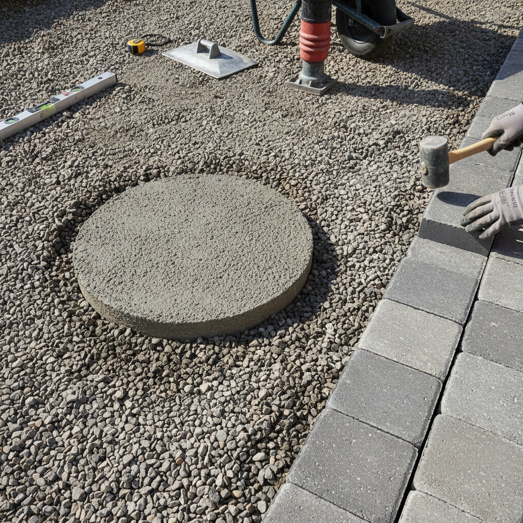 Compacted gravel base and concrete pier footing detail for a backyard garden suite with interlocking paver edge in Mississauga