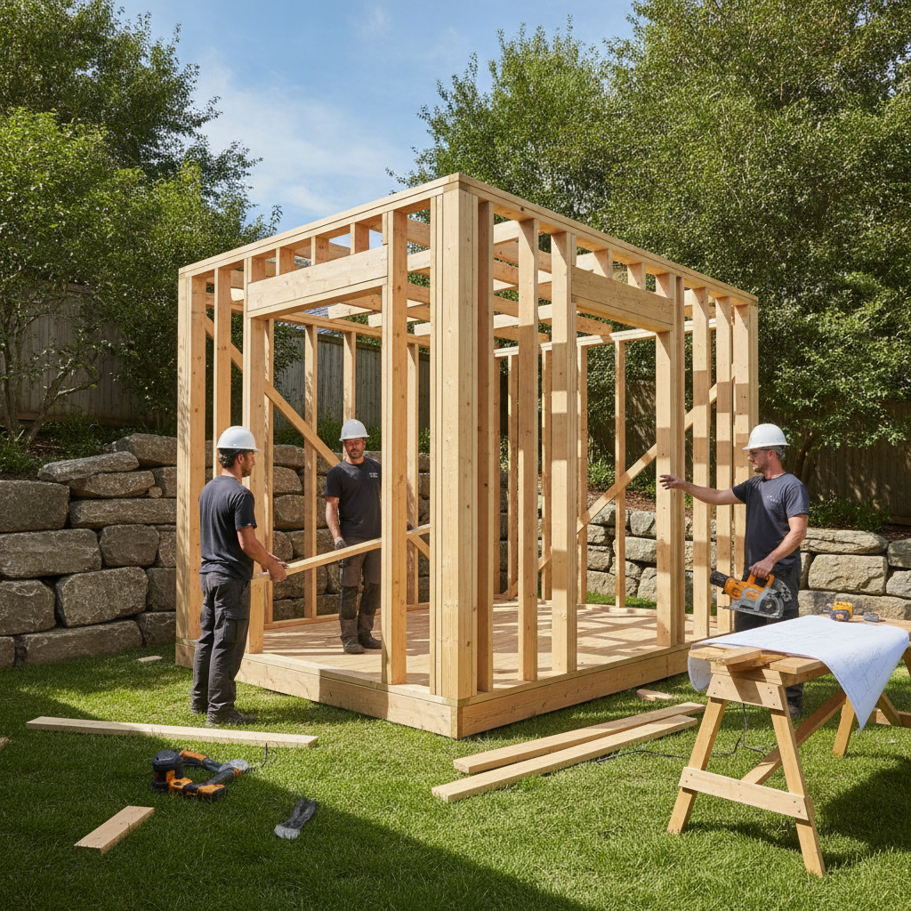 Contractors framing a small backyard garden suite with lumber beside a tidy lawn and retaining wall stones in Mississauga