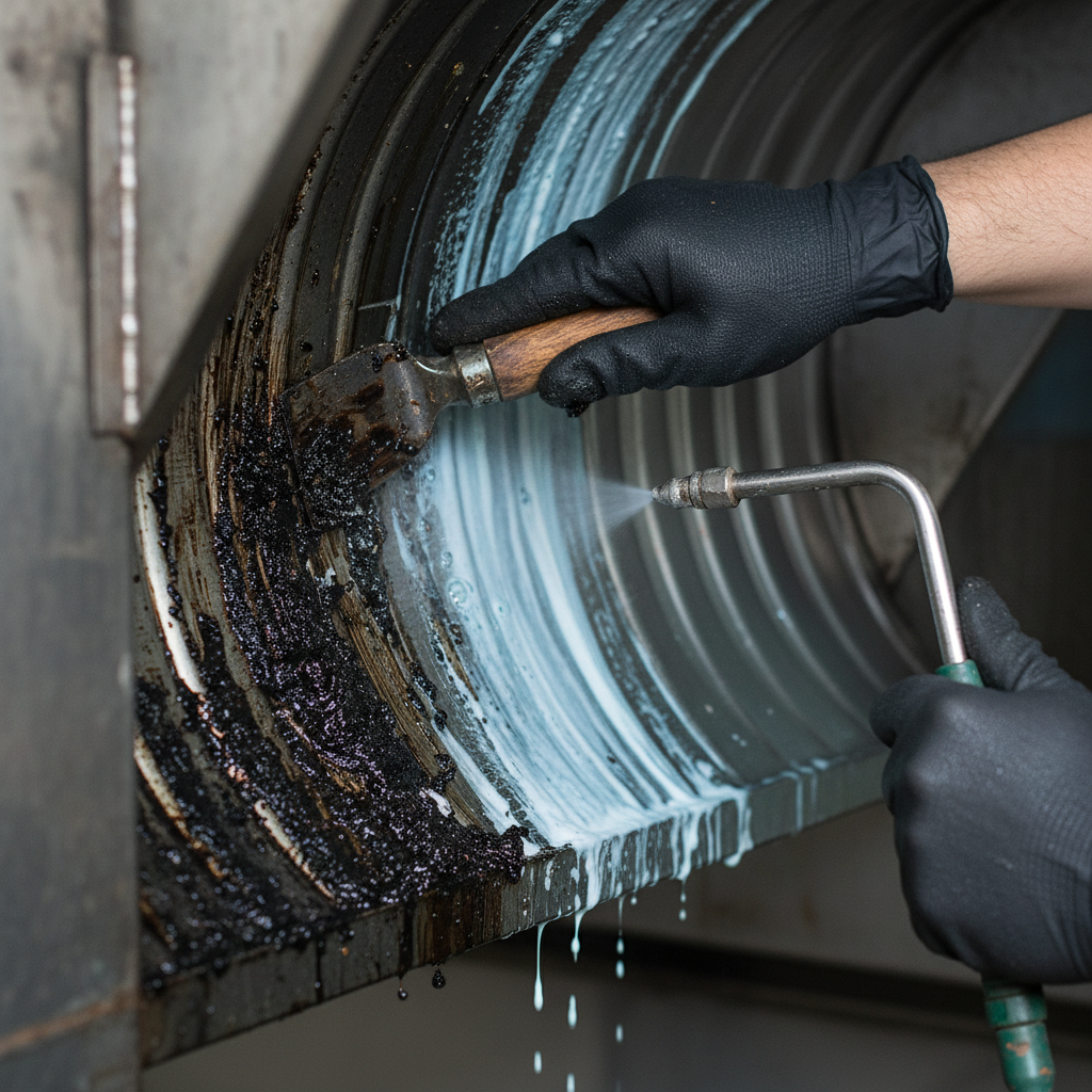 Close-up of exhaust duct degreasing during kitchen exhaust cleaning services, showing gloved hands scraping grease for fire safety compliance