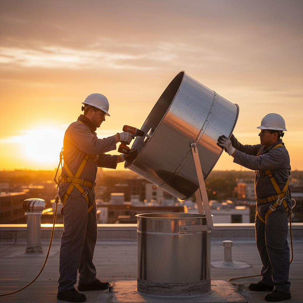 Rooftop exhaust fan service for kitchen exhaust cleaning services, showing hinge kit and technicians handling fan housing safely at sunset