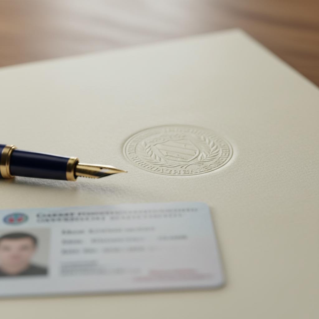 Close-up of Toronto notary public embossing a seal on a legal document in an Etobicoke office
