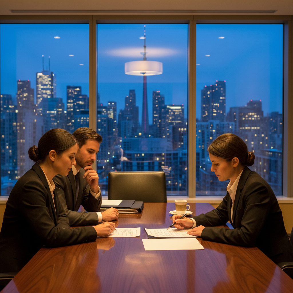 Notary public consultation in Toronto with clients reviewing real estate closing forms at dusk