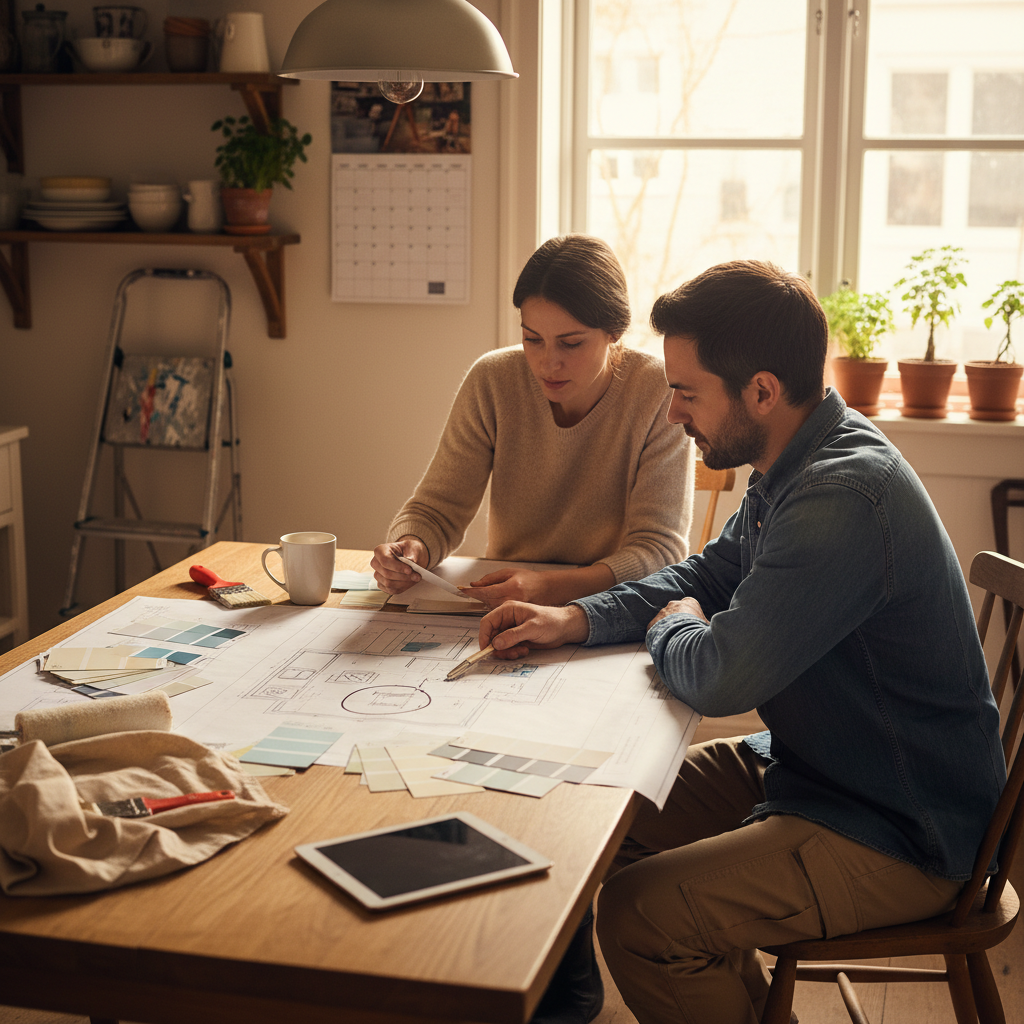 Homeowner and painting contractor reviewing color swatches and layout to plan interior painting per square foot