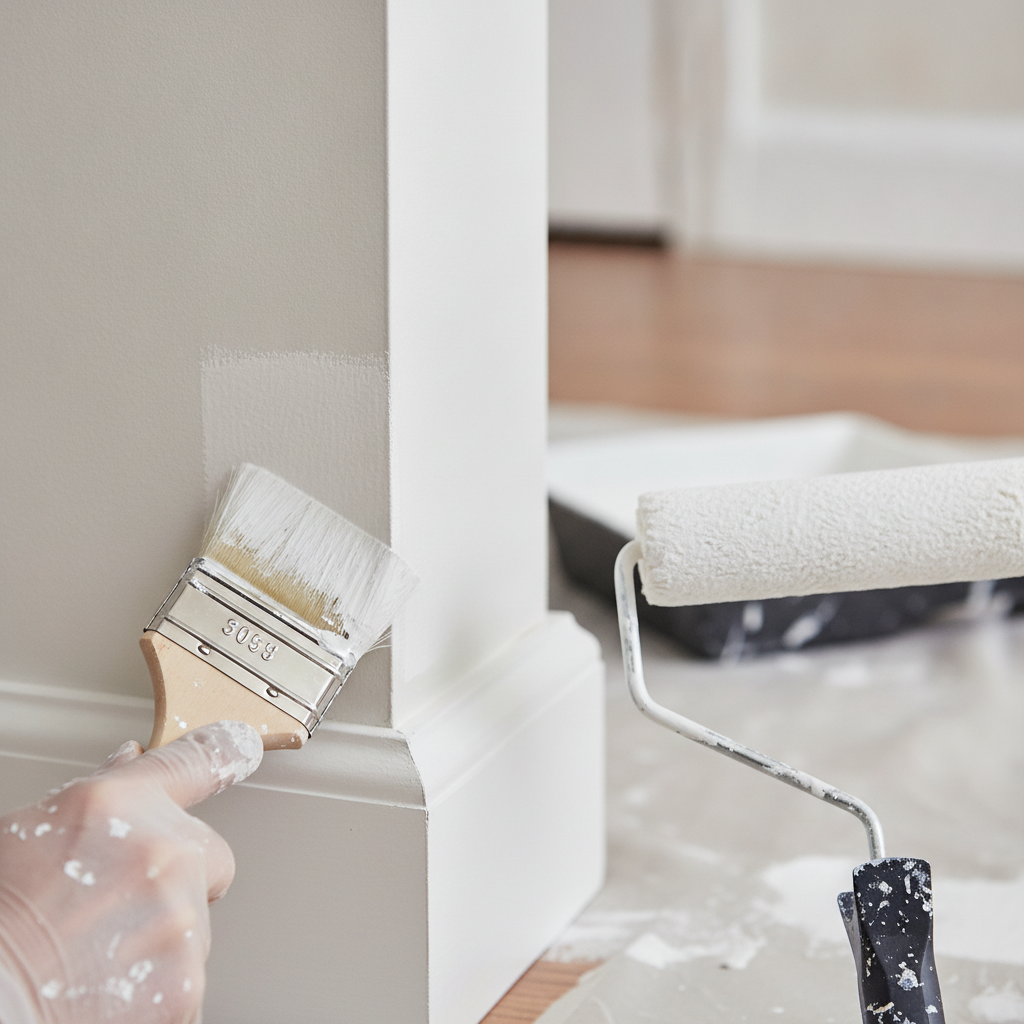 Close-up of interior painting cut-in along trim showing two-coat wall coverage, illustrating interior painting cost per sq ft factors