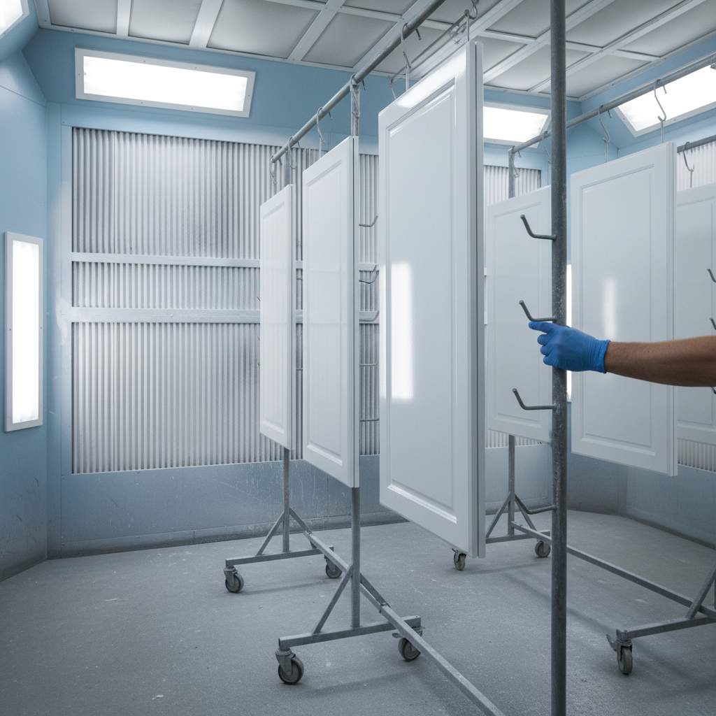 HVLP spray booth with cabinet doors hanging to dry after spraying, part of refinishing honey oak cabinets process