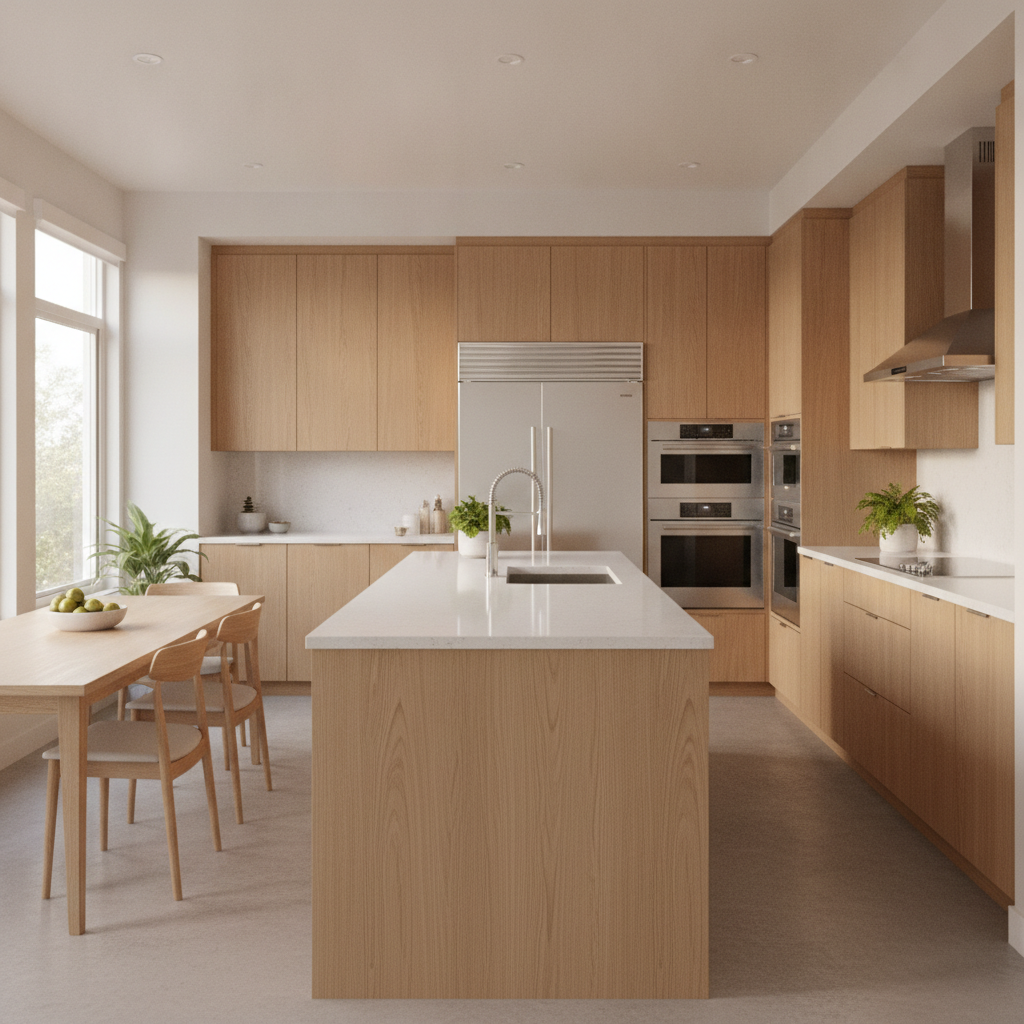 Refinished honey oak cabinets in a bright Toronto kitchen with modern matte finish