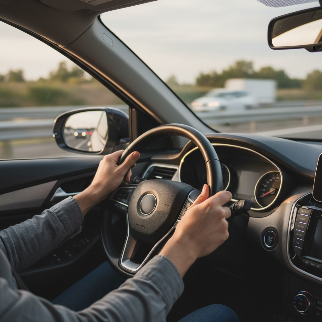 Driver perspective close-up with hands on steering wheel, showcasing safe driving habits for an Ontario auto insurance quote