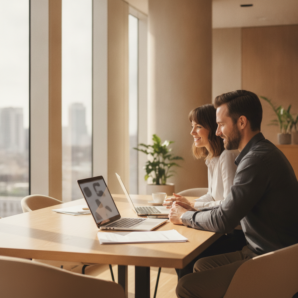 Ontario insurance broker consulting with client in a bright office, discussing car insurance options and discounts