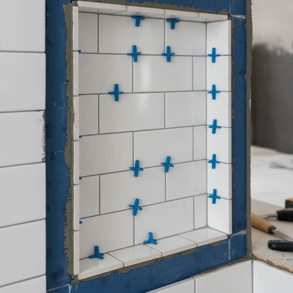 Bathroom Remodels: Cut Costs Without Losing Style in 2026 1 Close-up of a tiled shower niche installation showing waterproofing and porcelain tile for bathroom home improvement